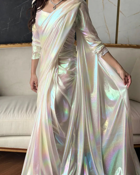 fancy satin white rainbow rfeady to wear saree