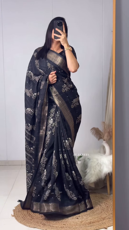 Banarasee Handwoven Crushed Tissue Saree With Lace-Multicolor