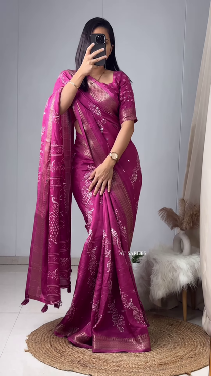 Banarasee Handwoven Crushed Tissue Saree With Lace-Multicolor
