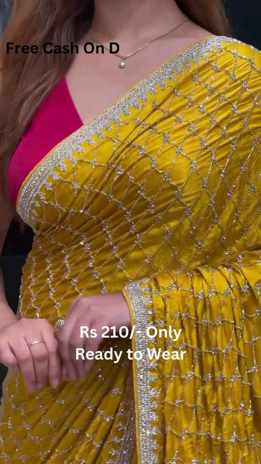 Yellow Tussar Saree With Handwork Floral Border