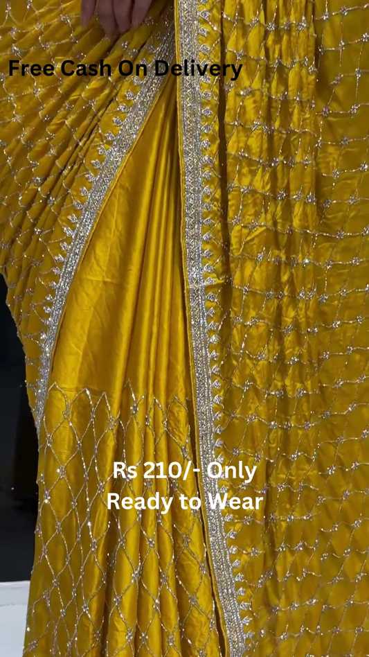Yellow Tussar Saree With Handwork Floral Border